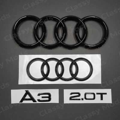 Audi A3 2012-2020 Front & Rear Rings Emblem Badge SET Gloss Black 2.0T TDI TFSI - Image 1 of 4
