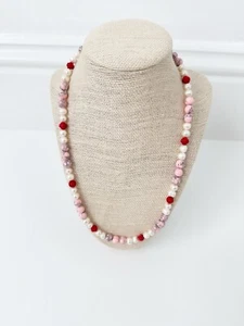 NWT Genuine Red Coral, Pink Howlite & Pearls Necklace Beaded Red Pink White - Picture 1 of 5