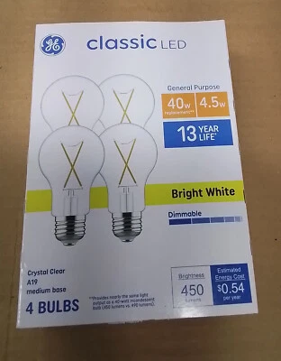 GE Classic LED 40W/4.5W A19Med. Base Bright White 3500K Dimmable, 2x(4 packs)  - Image 1 of 2
