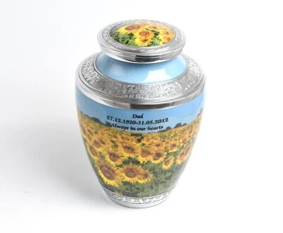 Large Cremation Ashes Adult  Urn Sunflower Fully Personalised Funeral Memorial - Image 1 of 4