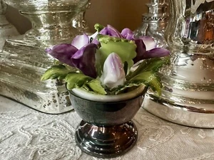 VTG Radnor Staffordshire England Bone China Purple Flowers In Silver plate Urn - Picture 1 of 9