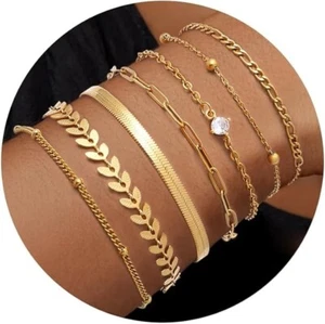 7 PCS Gold Bracelets for Women Waterproof 14K Real Gold Jewelry Set for Women - Picture 1 of 8