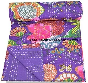 Fruit Print Pure Cotton Purple Kantha Quilt Coverlet Boho Queen Size Bedspread - Picture 1 of 6