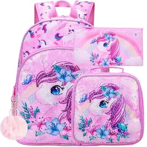 3PCS Unicorn Backpack for Girls 16”Kids Sequin Bookbag with Lunch Box School ... - Picture 1 of 9