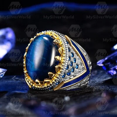 925 Пробы синий тигровый глаз камень эмалированный турецкий мужское кольцо - Изображение 1 из 4