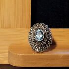 Art Deco Marcasite Blue Topaz Ring Size 7 Set In Sterling Silver