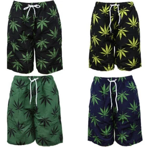 Men's Swim Trunks, Beach Swim Shorts Beach Board Shorts Pockets, Weed Leaf Print - Picture 1 of 6