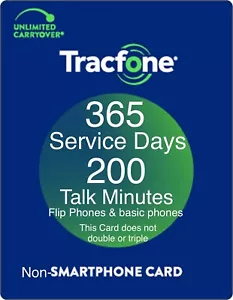 TracFone 1 Year 365 Plus 200 Talk Minutes For Flip Phones & Basic Phones - Picture 1 of 3