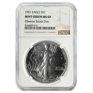 1991 $1 1-oz American Silver Eagle NGC MS69 Mint Error Obverse Strike Thru - Picture 1 of 2