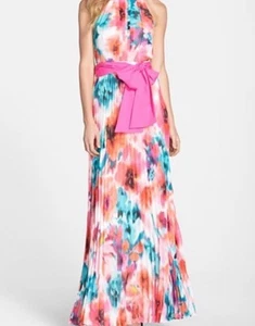Eliza J Floral Print Chiffon Maxi Dress, Flowy Spring Summer Pleated | Sz 8 - Picture 1 of 9