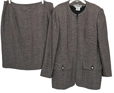 CARLISLE 棕褐色黑色羊毛混纺雪佛龙针织夹克/铅笔裙套装 14/16 — 第 1/4 张图片