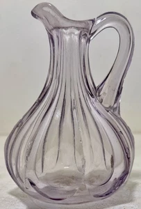 AMETHYST Glass Pitcher 5”H Hand Blown Ribbed Pattern Twisted Handle VINTAGE - Picture 1 of 5