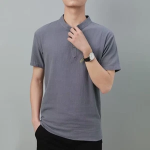 Men Linen Button Neck Shirt Top T-Shirt Pullover Mandarin Collar Chinese Vintage - Picture 1 of 24