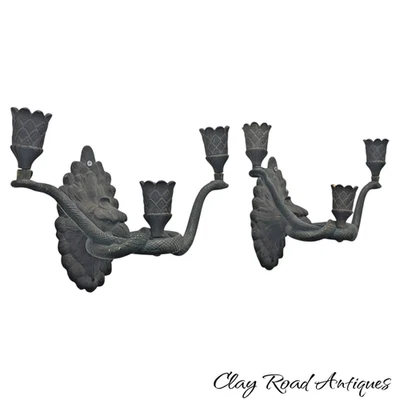 Antique Victorian wall candle sconces pair bronze eagle holding serpant snake - Image 1 of 4