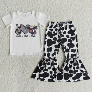 Girls Short Sleeve Top Bell Pants Set 2PCS Cow Print Outfit - Picture 1 of 1