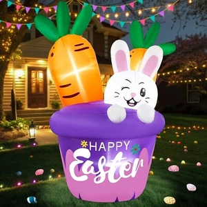 6FT Easter Inflatable Outdoor Decorations Bunny Basket Carrot Cute Rabbit Blow - Picture 1 of 7