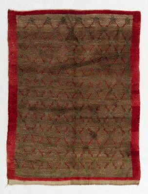 Ковер ручной работы из верблюжьей и красной шерсти тулу 5,2x7 футов с цветочным рисунком решетки. - Изображение 1 из 4