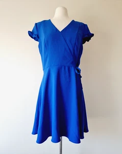 CUE Blue Short Sleeve V-Neck A-Line Dress SIZE 14 - Picture 1 of 7