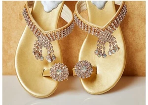 Women Summer GOLD Open Toe Chunky Heel Slip-On Rhinestone Sandals - US Size 5  - Picture 1 of 12