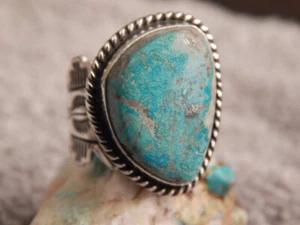 Ladies Bisbee Turquoise Sterling Silver Ring Navajo Robert Shakey Size 7 1/4 - Picture 1 of 6