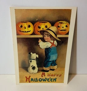 VTG 1988 DOVER Halloween Postcard Reproduction UNUSED Oldham, Hall Pumpkins Dog - Picture 1 of 2