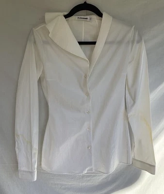 JIL SANDER White Button Up Shirt Long Sleeve Unusual Collar Size 32 Vintage - Image 1 of 4