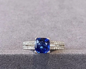 1.00 Ct Cushion Cut Blue Sapphire Engagement Ring 92.5 Silver Gold Plated  - Picture 1 of 7