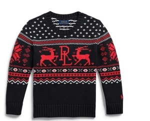 Ralph Lauren M 10-12 Kids Christmas Sweater Boys Girls Reindeer Moose Red Nordic - Picture 1 of 9