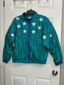 Vintage Westbound Sport Jacket L Teal Nylon Windbreaker Stars 80s 90s Retro USA - Picture 1 of 11