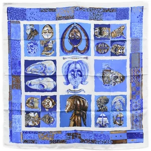 HERMES 100% Silk Carre 90 PERSONA White Blue Brown - Picture 1 of 15
