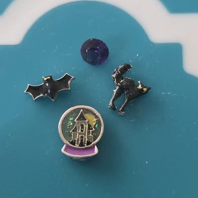Origami Owl 4 CHARMS: HAUNTED HOUSE SNOWGLOBE, BAT, BLACK CAT, PURPLE CRYSTAL - Image 1 of 2