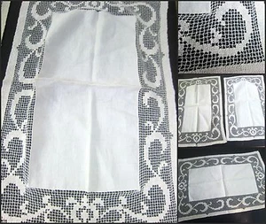 Antique Netting Mondano Lace Runner Dresser Scarf 2 pc Set 20" x 13" Vintage Ex - Picture 1 of 10