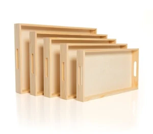 Wooden Nested Serving Trays - Set of 5 Unfinished Rectangle Trays with Handles - Picture 1 of 5