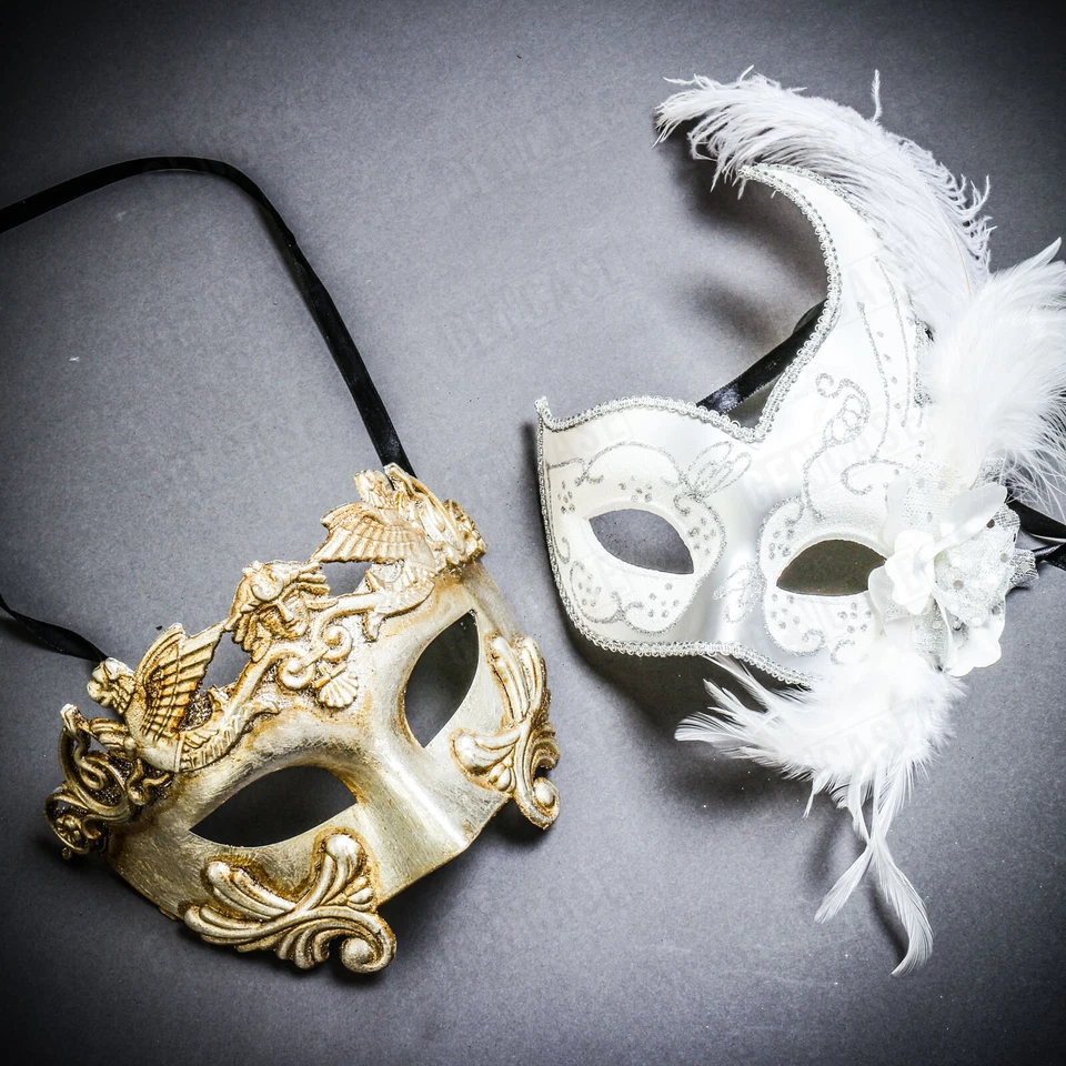 Silver Venetian Roman Warrior Men & White Side Feather Glitter Couple Party Mask - Image 1 of 1