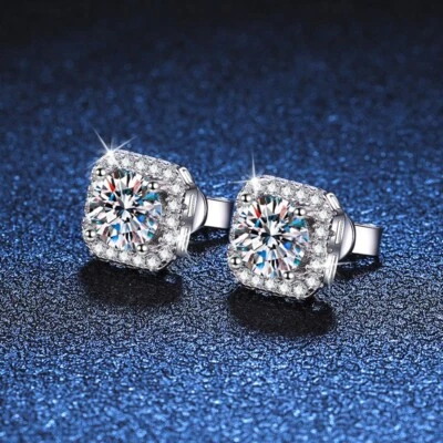 2.5CT Moissanite Halo Stud Earrings 14k White Gold Plated Solid Silver - Image 1 of 4