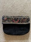 Accessorize Black Leather Clutch Bag Heavy Beading Excellent Cond