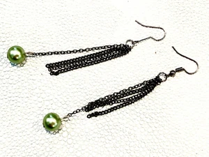 OOAK Charcoal Finish Chains & Green Pearl Balls Long Dangle Pierced Earrings - Picture 1 of 8
