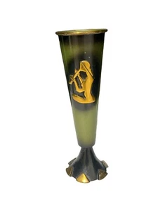 VINTAGE BRASS AND METAL ISRAEL MADE VASE WOMAN PLAYING FLUTE - Picture 1 of 6