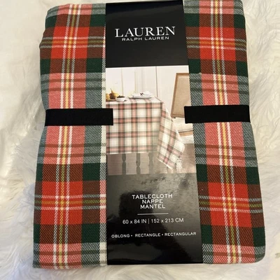 Ralph Lauren Tartan Plaid Oblong Tablecloth 60x84 Red Green Cotton  Rectangular - Image 1 of 4