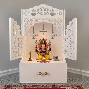 Lotus  Wooden Floor Temple with Door & Spacious Shelf & Inbuilt Focus Light - Picture 1 of 5