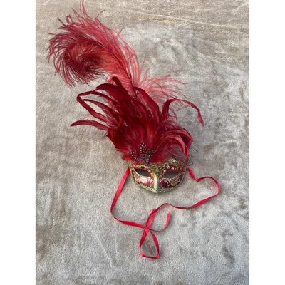 Red Feather Venetian Mask Masquerade Ball Mardi Gras Party Costume Cosplay - Image 1 of 3