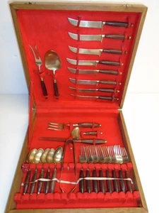 Vintage MCM WOOD HANDLE FLATWARE SET - (27) PIECES w/WOOD STORAGE CASE - Picture 1 of 19