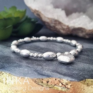 Bracciale impilabile in argento sterling 925 sfere OVALI con ciondolo cuore grande INKA - Foto 1 di 9