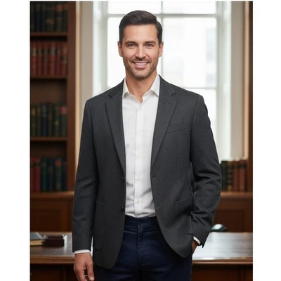 Donna Karan 签名西装外套男式 42 长羊绒灰色 3 纽扣夹克办公室 — 第 1/4 张图片