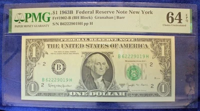 1963-B $1 Federal Reserve Note Chicago PMG GEM UNC 64 EPQ BARR NOTE (2532430) - Image 1 of 2