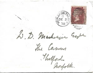 GB 1878 1d Red Pl.206 Cover with Henley on Thames 355 Duplex to Thetford - Picture 1 of 2