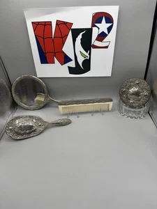 Vintage Vanity Set Silver Plate Hand Mirror Brush Comb 4 Piece Ornate Floral Set - Picture 1 of 16