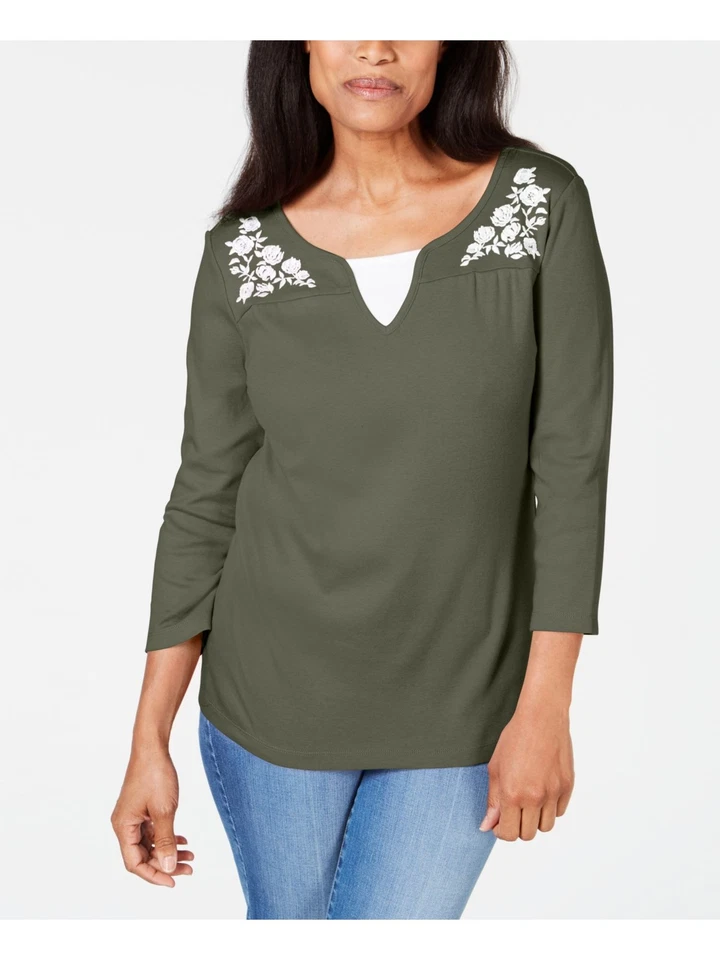 Karen Scott Womens Green 3/4 Sleeve Top Petites PS