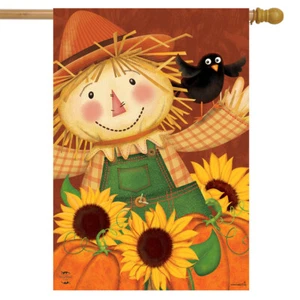 Happy Scarecrow Fall House Flag Sunflowers Pumpkins 28" x 40" Briarwood Lane - Picture 1 of 4