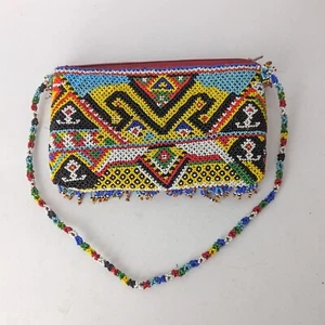 Vtg Handmade Beaded Purse Handbag Tribal Art Bat Geometric Southwest Seed Bead - Picture 1 of 5